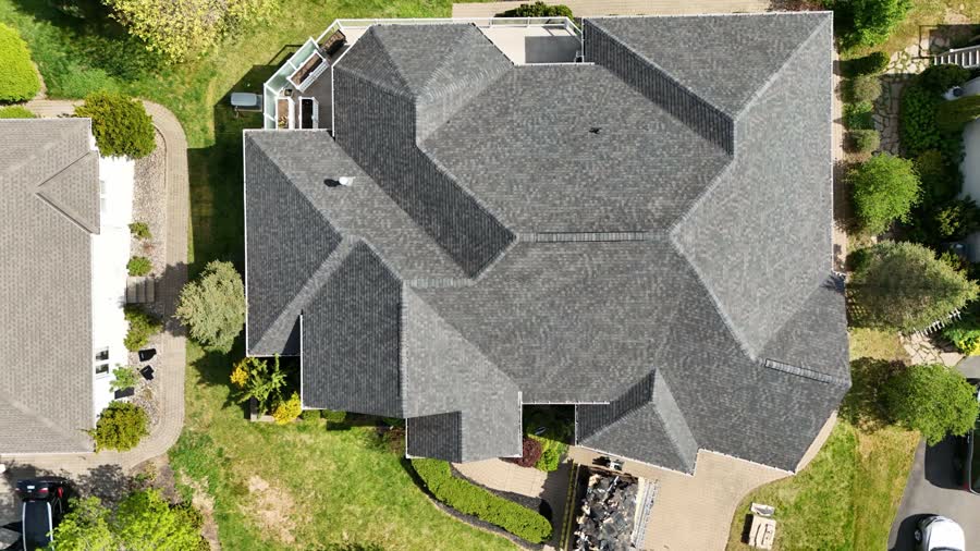 Top-down drone photo of a shingle roof